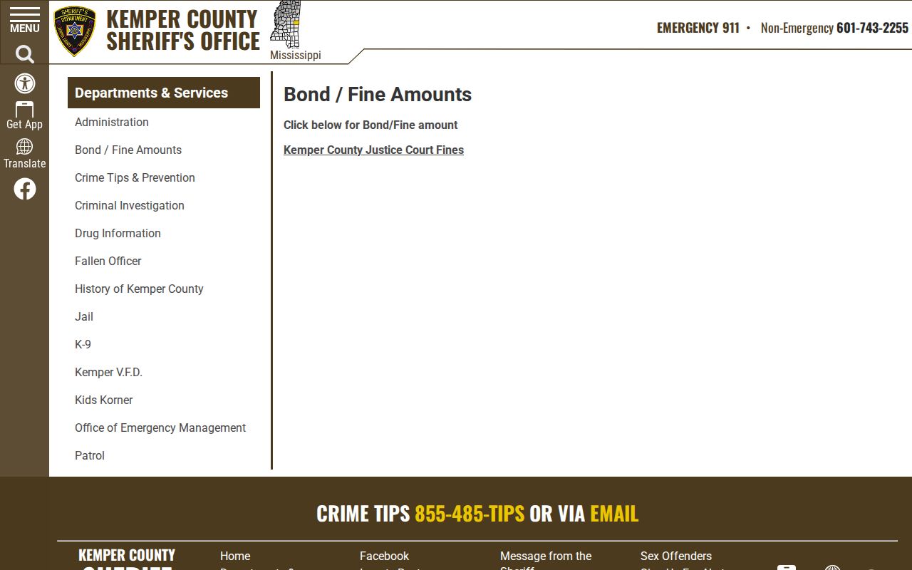Kemper County Sheriff bond and fine information landing page