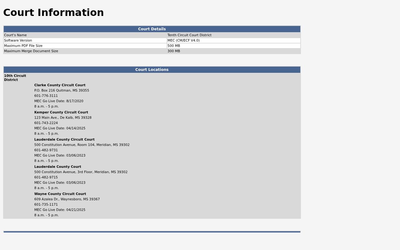 Official Tenth Circuit Court information for Kemper County