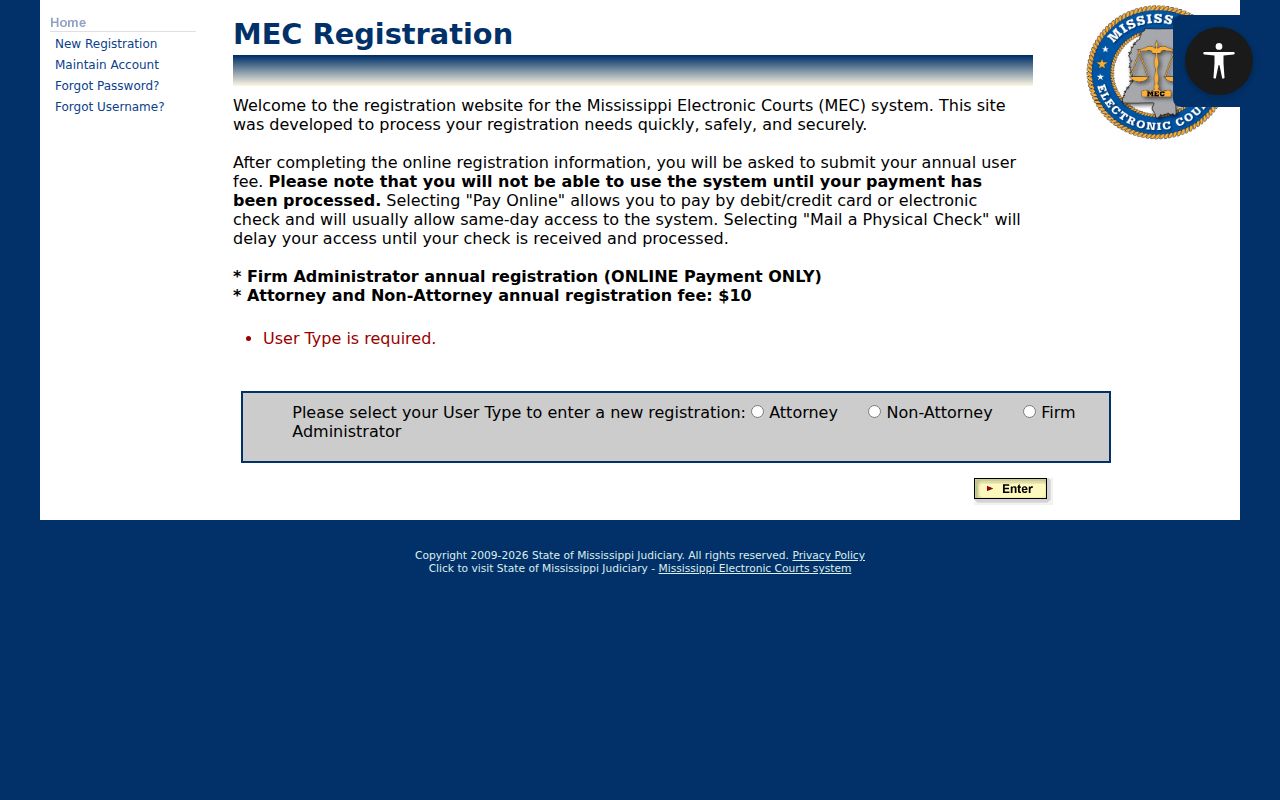 Mississippi electronic court registration options relevant to Kemper County records