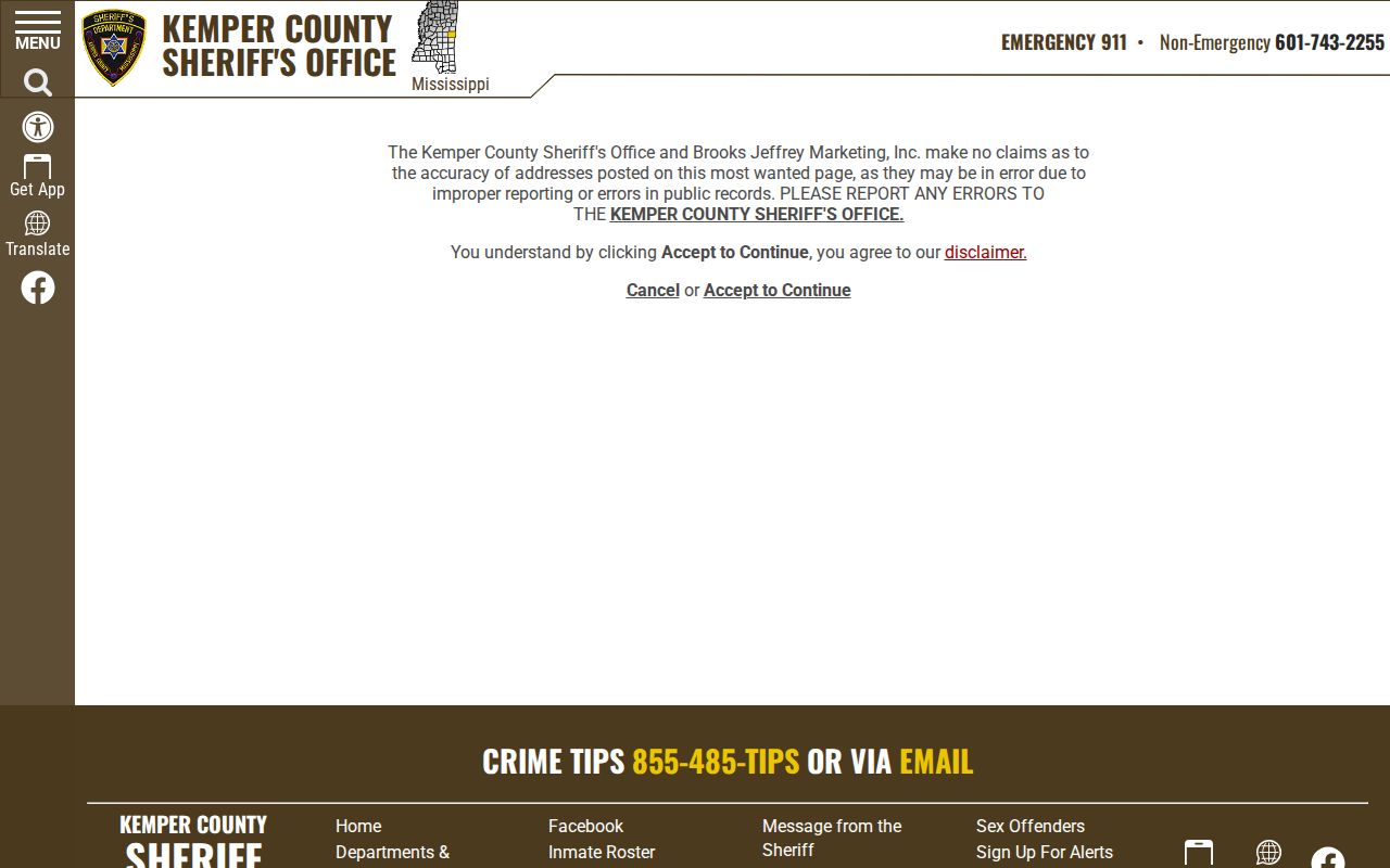 Kemper County Sheriff Most Wanted disclaimer gate without any individual roster entries